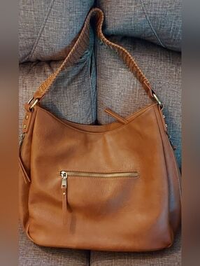 Braided-Handle Shoulder Bag in Cognac Tan Vegan Leather